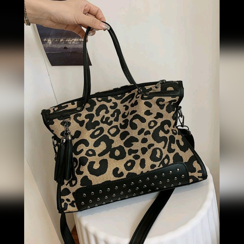 Leopard Print Tote Bag with Black Accents